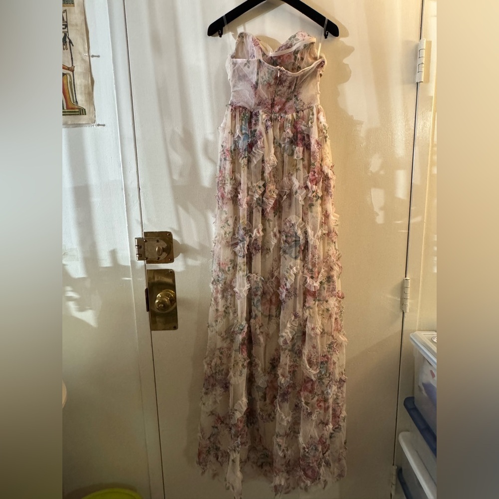 Faeriesty Ruched Bustier Ruffle Trim Hem Floral Print Tube Dress - Picture 10 of 12